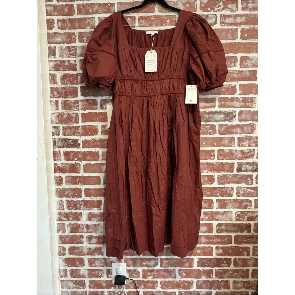 Ivy City Co Brooklyn Dress Spice Rust Brown Puff Sleeve Midi Dress NWT 2X - Picture 2 of 9